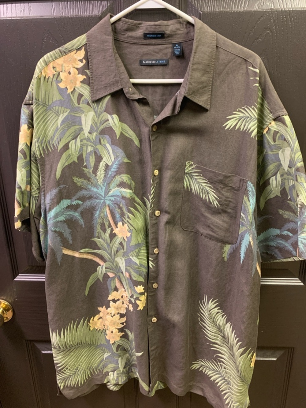 Van Heusen Linen Tropical Palm Print Short-Sleeve Shirt XL 17-17.5
